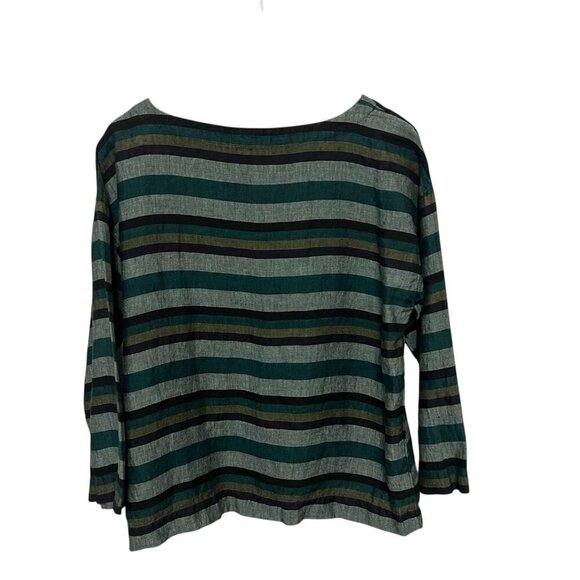 Eileen Fisher Stripe Linen Top Green Size S Pullover Style 3/4 Sleeves - Picture 3 of 7